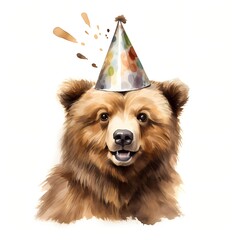 Fototapeta premium Bear with party hat. Brown bear. Birthday hat clipart. Watercolor illustration. Generative AI. Detailed illustration.
