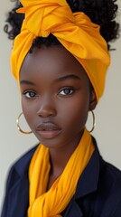 A close up of a young black woman with an orange head scarf, AI