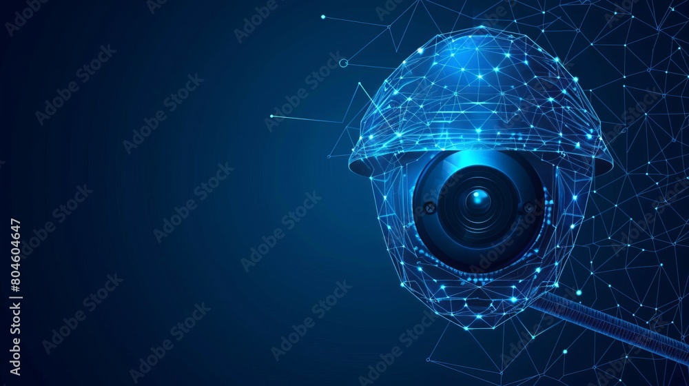 Poster an abstract 180-degree dome security camera presented in low poly wireframe mesh design, with connec