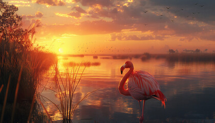 Recreation of a pink flamingo in a wetland in a magical sunset	