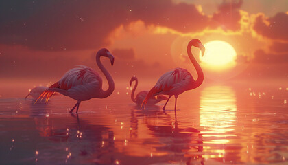 Recreation of pink flamingos in a wetland in a magical sunset