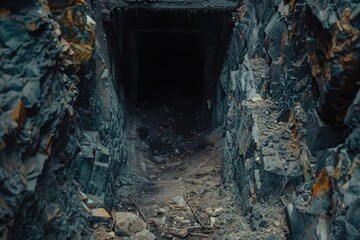 A dark tunnel with rocks and rocks surrounding it. Suitable for various outdoor and adventure concepts