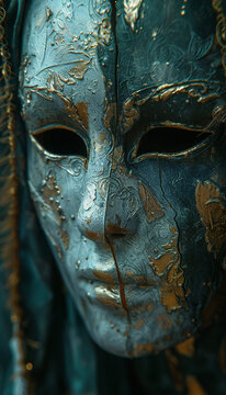 Vertical tenebrist recreation of a broken venetian carnival mask