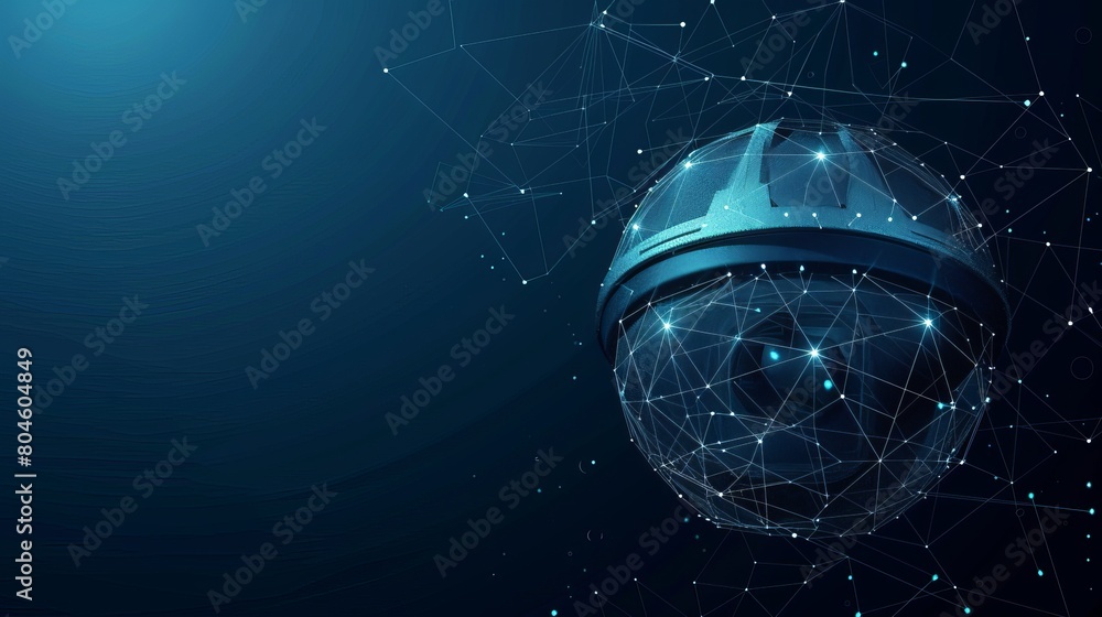 Poster an abstract 180-degree dome security camera presented in low poly wireframe mesh design, with connec