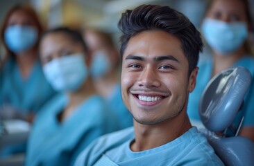 Fototapeta premium Young Asian dentist with a charming smile, posing with dental staff in a clinic setting