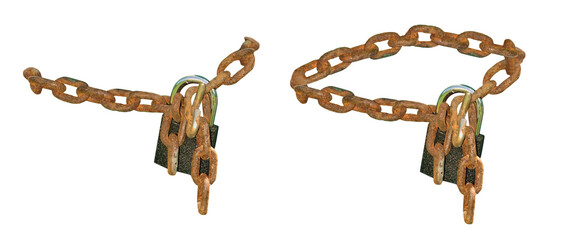 Rusty chain with a padlock for closing doors, gates, buildings - on isolated transparent background.