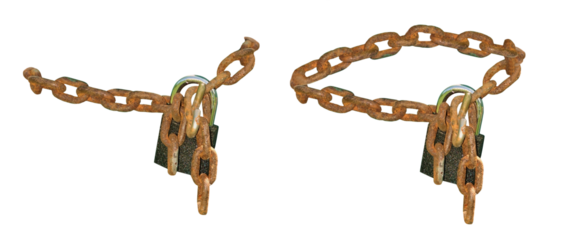 Rusty chain with a padlock for closing doors, gates, buildings - on isolated transparent background.