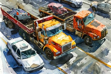 A painting of a bunch of trucks in a parking lot. Suitable for transportation industry concepts