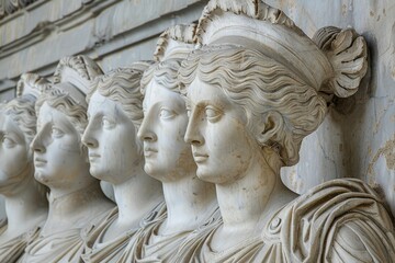 Row of statues of women in front of a wall, suitable for historical or artistic projects