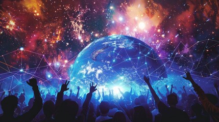 Several individuals are gathered in front of a massive blue ball, possibly representing a planet or artwork.