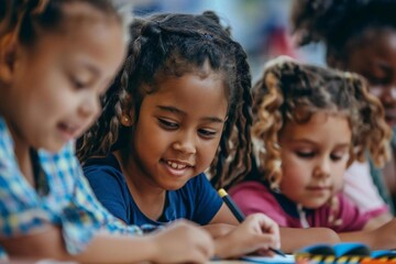 Obraz premium Closeup of children learning together in school classroom