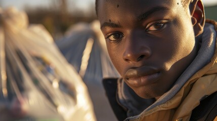 The close up picture of the african man working as garbage collector to collect trash, waste, rubbish and junk, the garbage collector require skill like physical fitness and time management. AIG43.