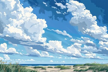 Fototapeta premium A serene painting of a beach with grass under a cloudy sky. Suitable for nature or travel themes
