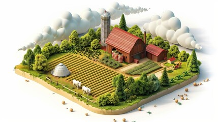 An isolated farm with crops on a cutaway piece of land is depicted, set against a backdrop of clouds. This 3D illustration showcases an empty green farm in an isometric farmland view.
