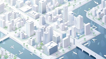 An isometric map or scheme of a city includes downtown, industrial district, suburban area, paper white buildings, houses, and a river, serving as a modern vector illustration for navigation.