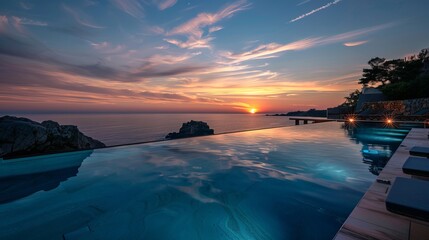 An opulent pool bathed in the colors of sunset offers a serene retreat.