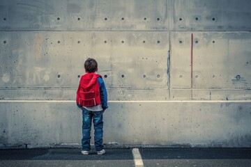 Fototapeta na wymiar A young boy standing in front of a concrete wall. Suitable for educational and youth-related themes