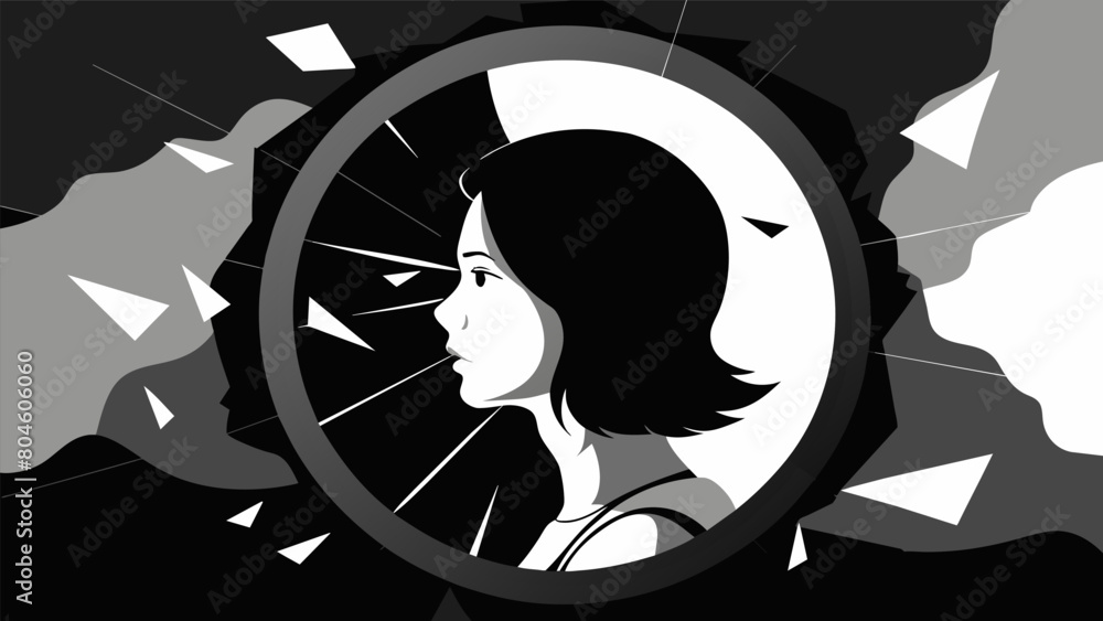 Poster a black and white photograph of a person looking into a broken mirror with distorted reflections and