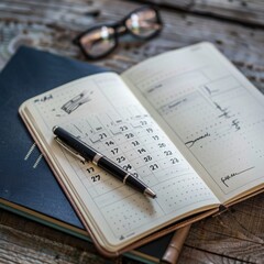 A simple image of an open notebook with a pen and glasses on top. Suitable for various office and education concepts