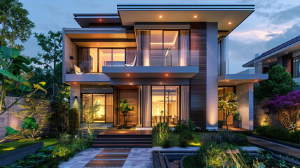 A luxurious modern house exterior exuding sophistication, illuminated by stylish lighting fixtures, with a meticulously landscaped garden adding to its allure.