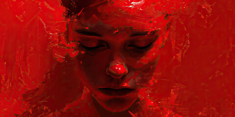 Shame (Dark Red): A downward gaze or lowered head representing embarrassment or guilt. - obrazy, fototapety, plakaty
