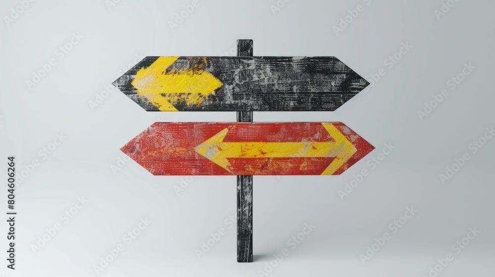 Poster wooden sign with two arrows pointing in opposite directions. great for illustrating choices and deci
