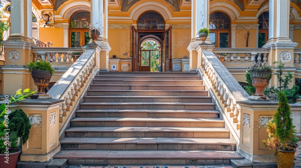 Poster a large building with a bunch of steps, suitable for urban concepts