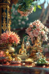 Fototapeta premium A table topped with vases filled with flowers. Suitable for interior design projects
