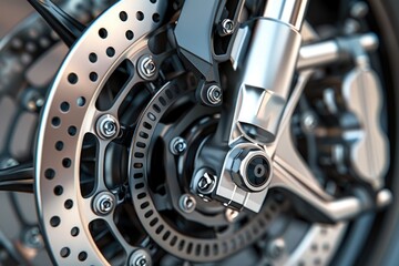 Detailed view of a motorcycle's front wheel, perfect for automotive industry designs
