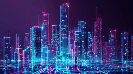 Smart Digital City Concept. Urban Architecture High Towers Concept of the Future City. Virtual Reality Abstract Digital Buildings. Modern Technology Vector Illustration