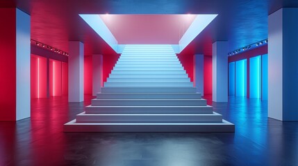   A set of stairs ascends, flanked by red and blue lights on both sides - Powered by Adobe