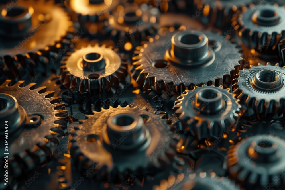 Poster close up of gears on a table, suitable for industrial concepts