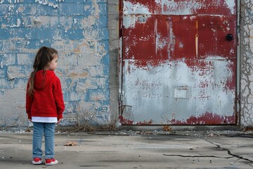 A little girl standing in front of a red door. Suitable for various projects