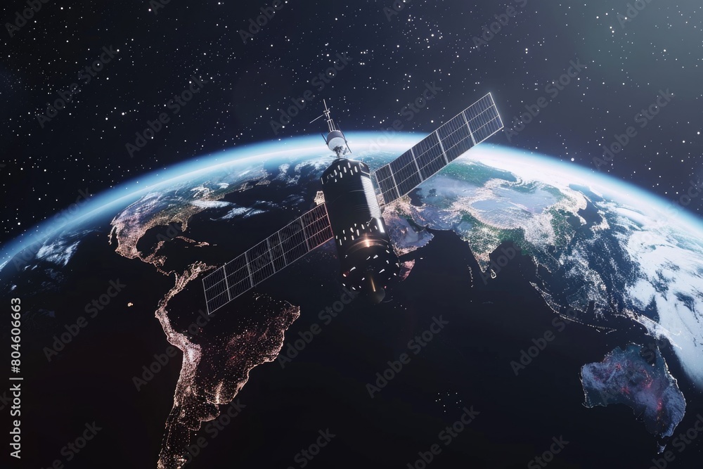 Poster a satellite hovering in the center of the earth, suitable for technology concepts