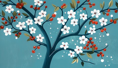 Tree painting with white and red flowers