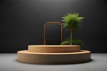 Podium on black background and tree
