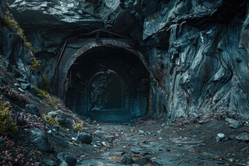 Fototapeta premium A tunnel in a mountain with rocks and plants, perfect for travel and adventure concepts