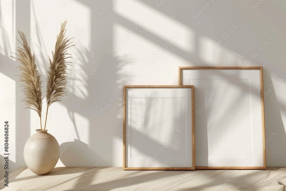 Poster two empty picture frames on a table next to a plant. suitable for home decor or interior design conc