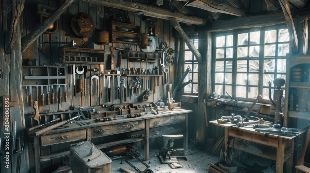 Poster a workbench filled with various tools, perfect for diy projects