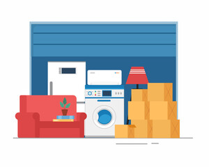 moving house service moving with sofa and various boxes to new home back view of truck with pile of cardboard boxes vector illustration