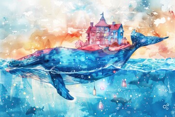 A majestic whale swimming in front of a castle. Perfect for fantasy lovers