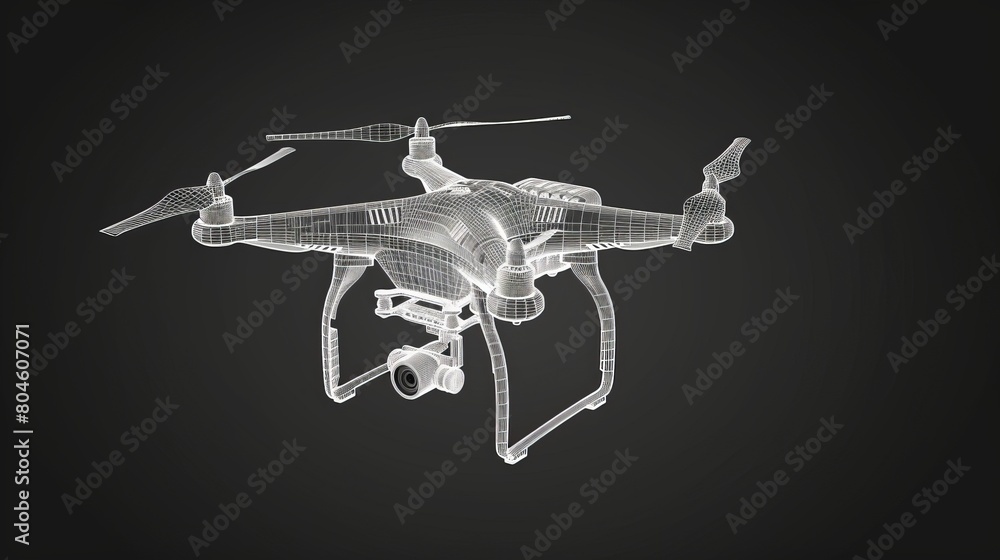 Poster illustration of a remote control air drone equipped with an action video camera, depicted in wirefra