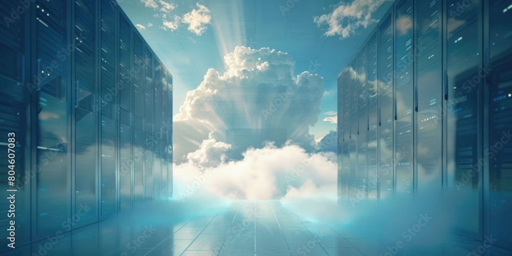 Poster server room with clouds in the background, suitable for technology concepts