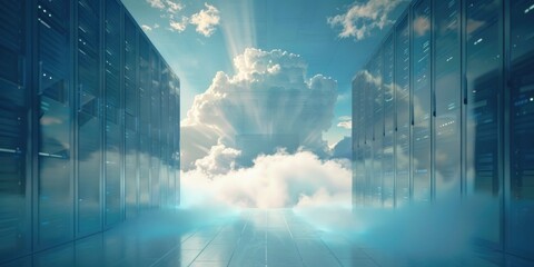 Server room with clouds in the background, suitable for technology concepts