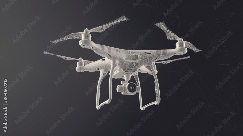 Poster illustration of a remote control air drone equipped with an action video camera, depicted in wirefra