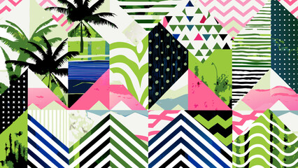 Vibrant Tropical Patterns Collage with Geometric Shapes