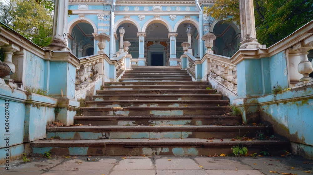 Poster a blue building with a staircase leading up. ideal for architectural and real estate concepts
