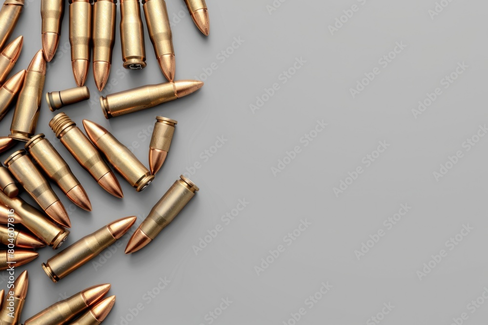 Poster a pile of bullet shells on a gray surface. suitable for military or crime scene themes