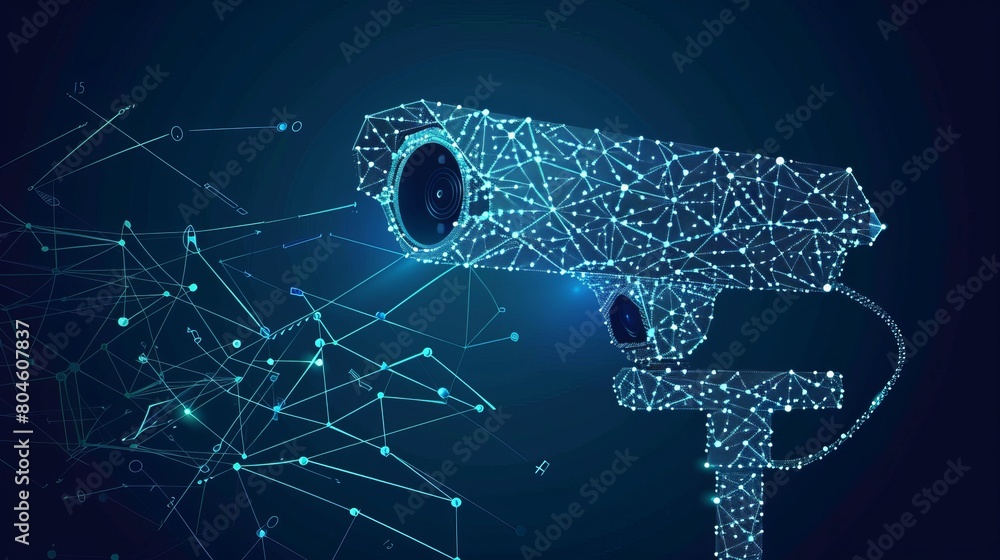 Poster modern cctv surveillance concept depicted in abstract low poly wireframe mesh design, emphasizing co