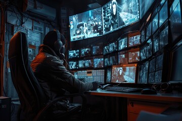 A man sitting in a chair in front of a computer screen. Suitable for technology and office concepts
